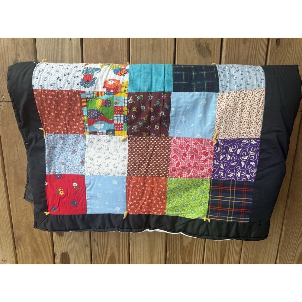 Vintage Patchwork Quilt Multicolor Patterns Squares Black Border 61x83